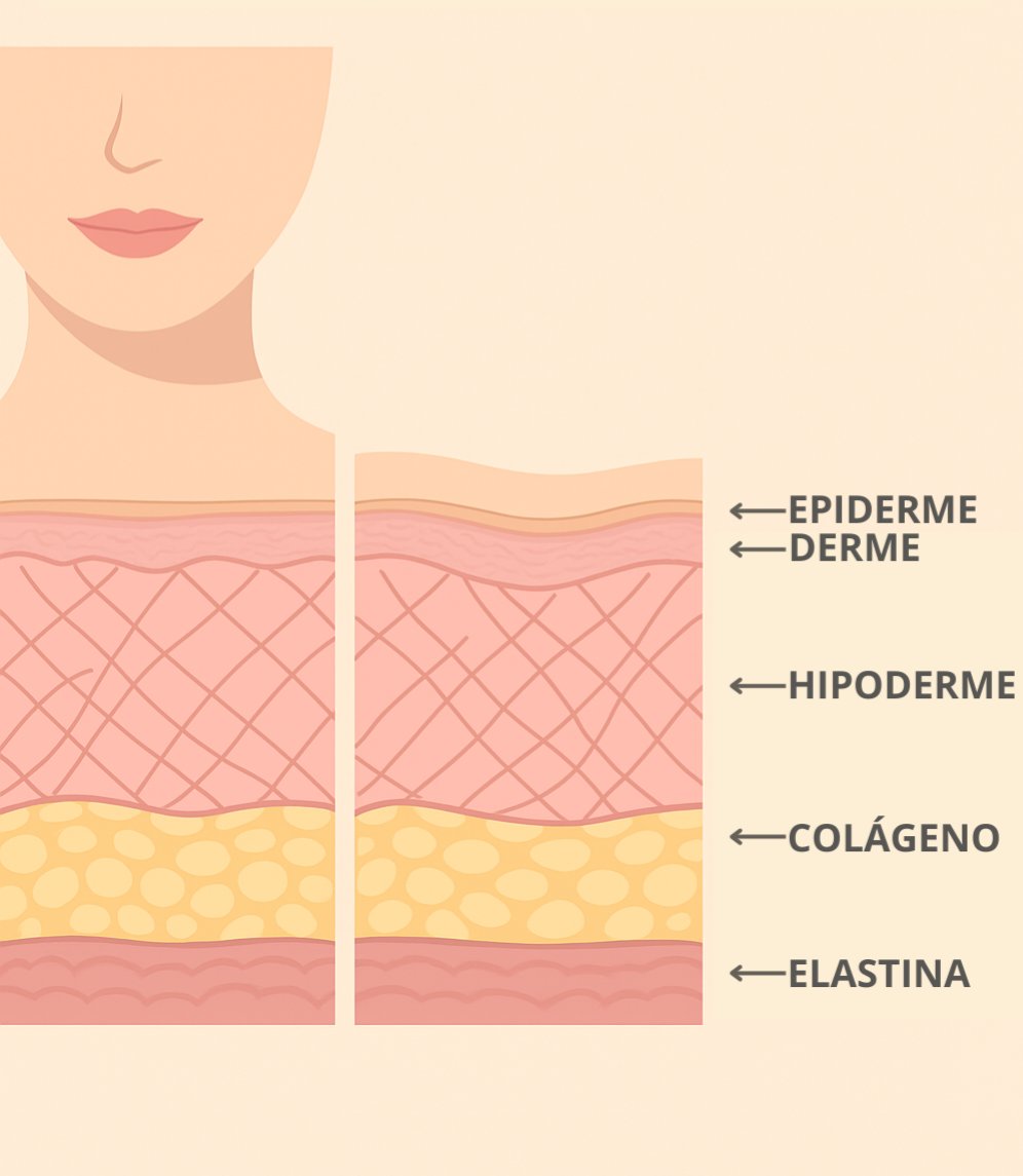 Imagem ilustrativa das camadas da pele, epiderme,derme, hipoderme,colágeno e elastina