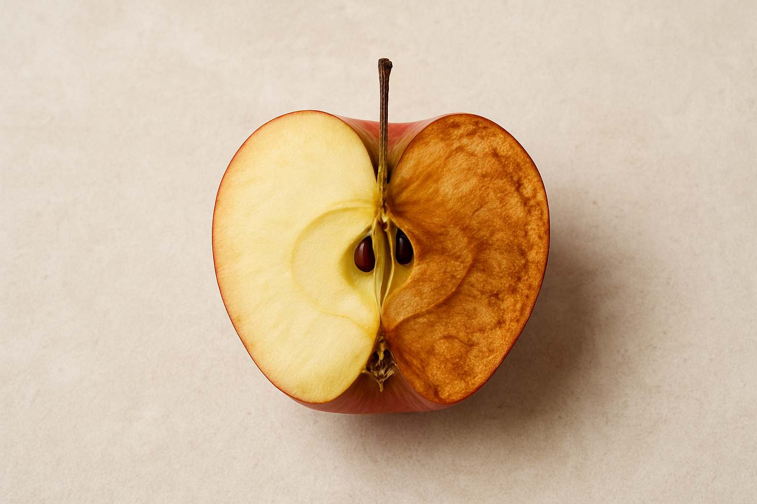 Maçã cortada mostrando oxidação como exemplo de estresse oxidativo que afeta pescoço e colo
