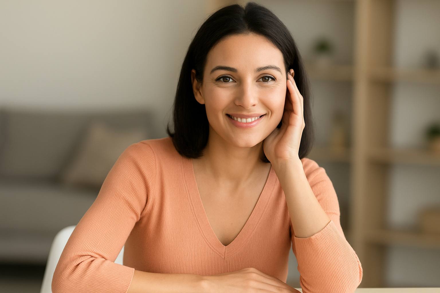 Mulher em retrato expressivo, simbolizando cuidados e prevenção do envelhecimento do pescoço e colo.