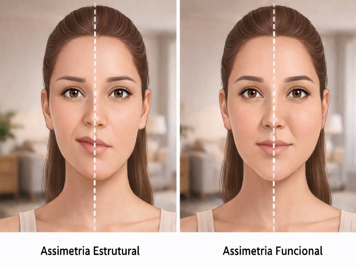 diferença entre assimetria facial estrutural e funcional com exemplo de bochecha maior de um lado