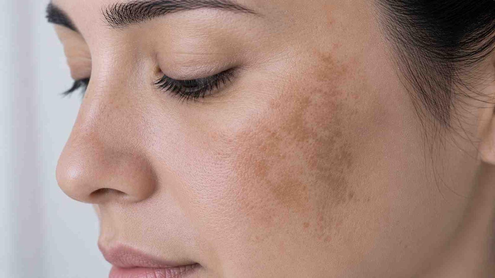 Mulher com melasma na bochecha observando mancha escura no rosto