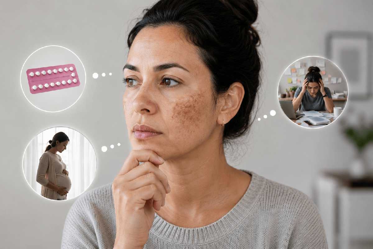 Mulher com melasma facial associado a fatores hormonais