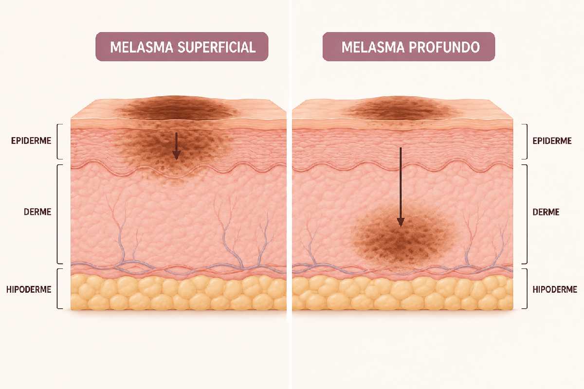 Melasma superficial e melasma profundo representados nas camadas da pele.