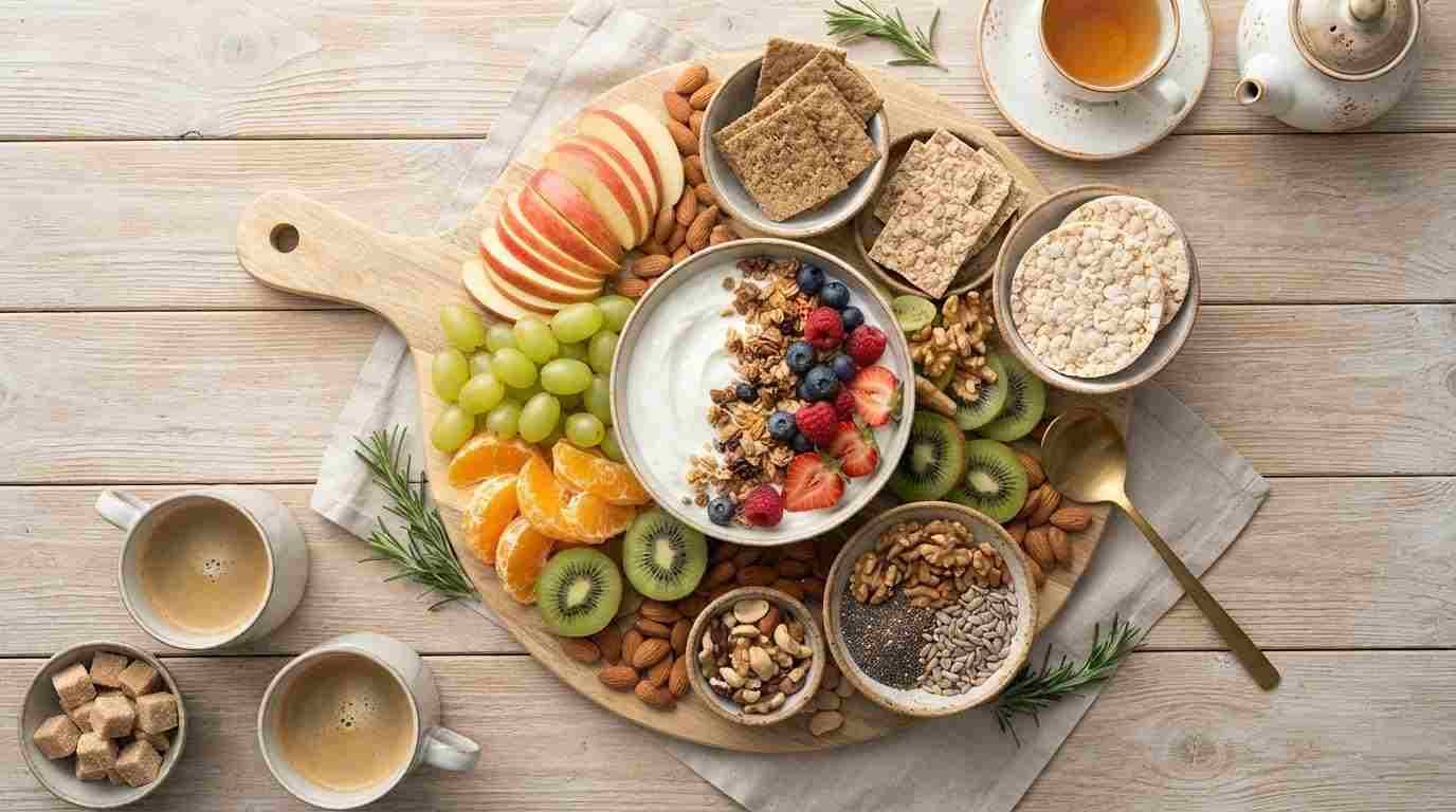 tábua com frutas vermelhas, castanhas, sementes e café representando alimentação e celulite
