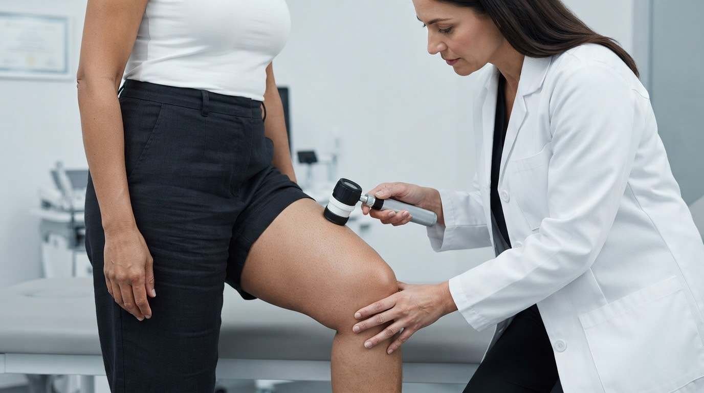 médica avaliando celulite na coxa da paciente com dermatoscópio em consultório