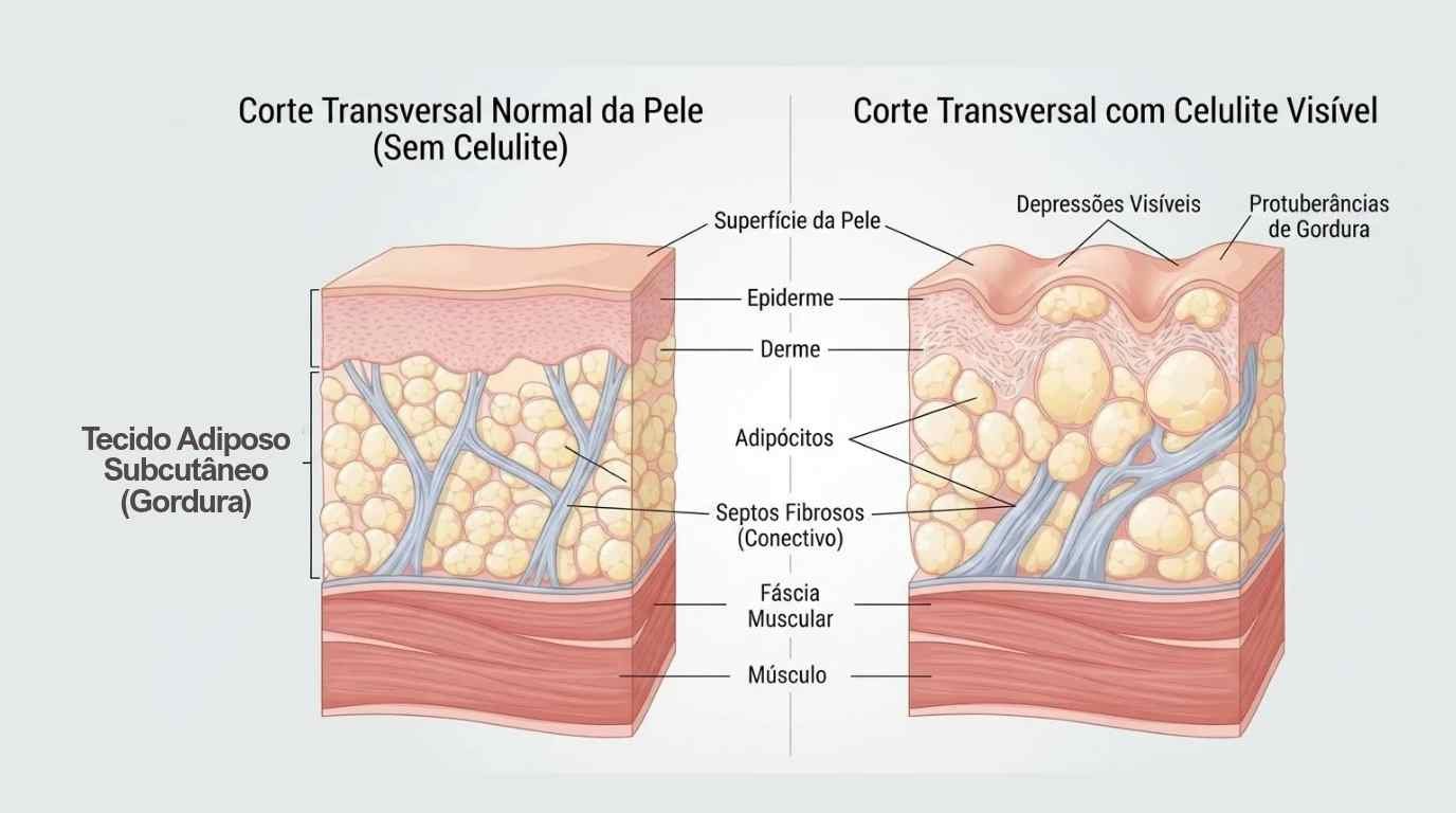 diagrama anatômico mostrando septos fibrosos da pele, relacionado à dúvida se celulite tem cura