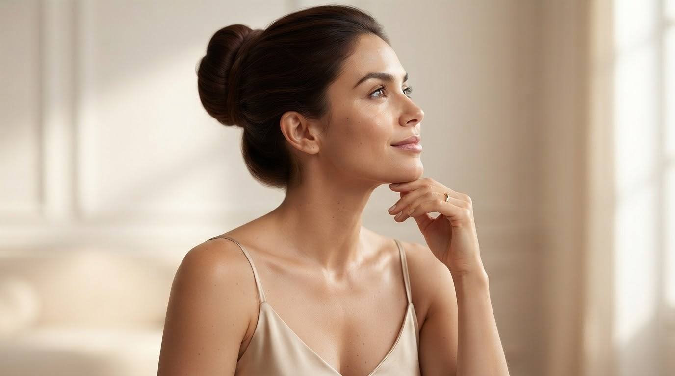 Mulher morena com cabelos castanhos presos em coque elegante, tocando o queixo suavemente e destacando a pele hidratada do pescoço e colo