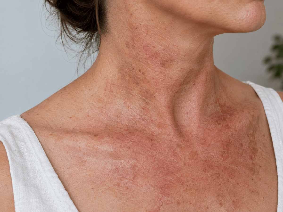 Poiquilodermia do colo com manchas acastanhadas e vasinhos visíveis